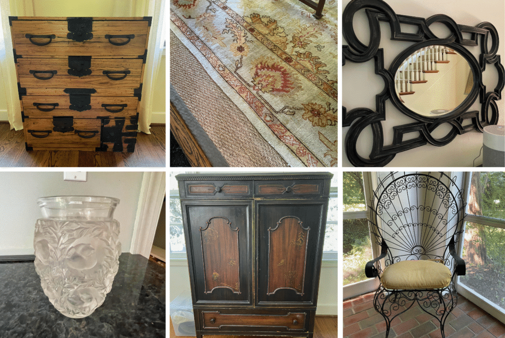 The sale includes furniture, entertaining pieces, garage items, and outdoor furnishings throughout the home. Highlights include custom living room furniture, hand knotted rugs, vintage statement pieces, lamps, mirrors, a vintage chandelier, curated artwork, entertaining pieces, plants, a large fish tank, bedroom sets, a large selection of tools and garage items, outdoor patio furniture, and a vintage wrought iron peacock set in the style of John Salterini.