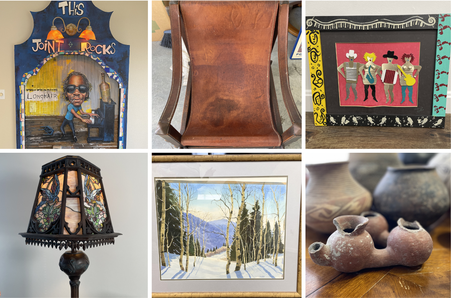 Highlights include life-size statues by Daniel Myers, leather fringed jacket from Tlingit Clan of the Raven-Otter-Whale-Frog House in Klukwan (bead work artistry featured in the Smithsonian), signed Peterson Barnes wall hangings, Clemens Briels artwork, Mark McCloud framed pieces, Harry Fonseca artwork, and a numbered Van Horn painting.