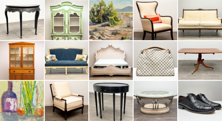 Estate sale items in a Kansas City home with furniture, artwork, and collectibles displayed