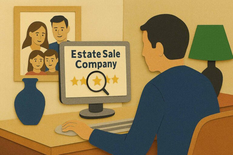 Researching online estate sale company reviews.