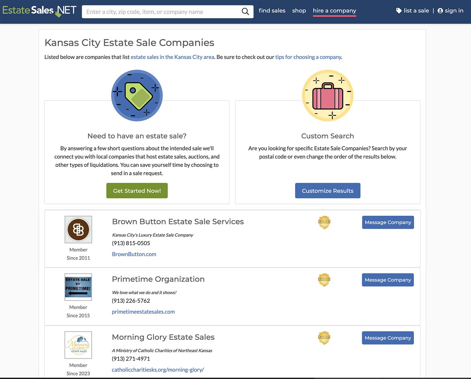 Estatesales.net listing site showing companies in Kansas City.