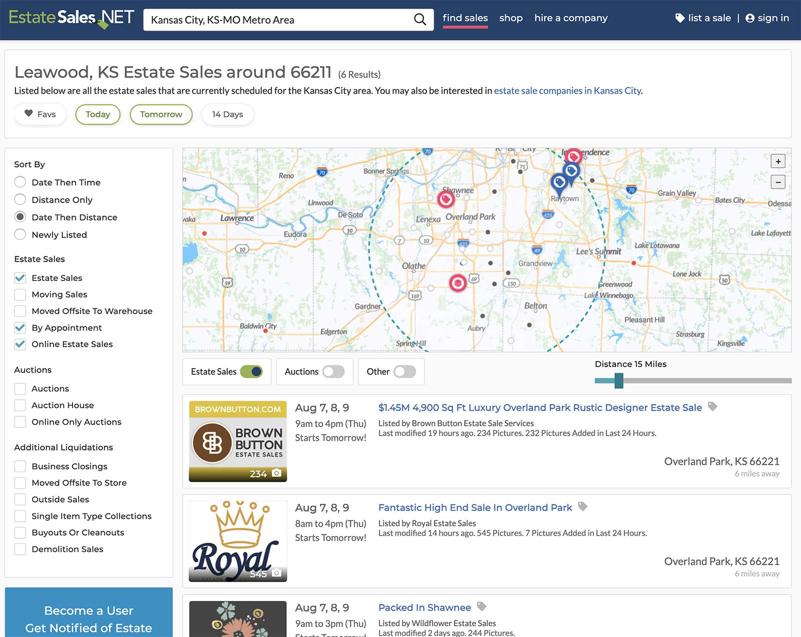 Estatesales.net Kansas City listing for upcoming estate sales