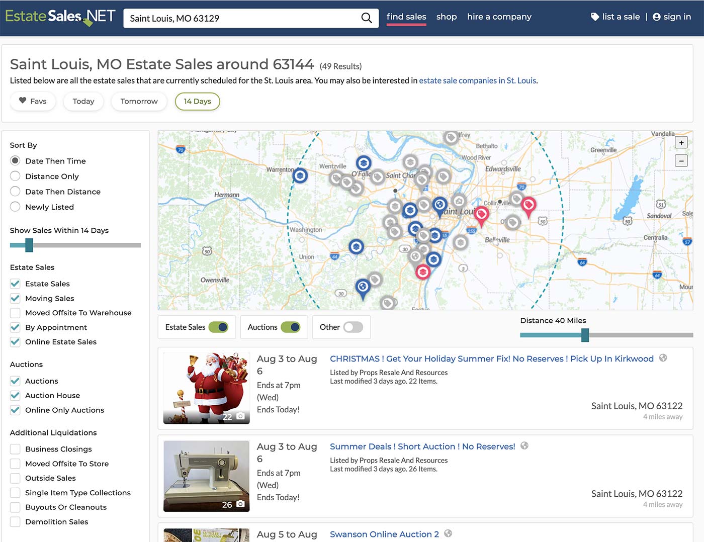 Map feature on estatesales.net of upcoming St Louis estates sales
