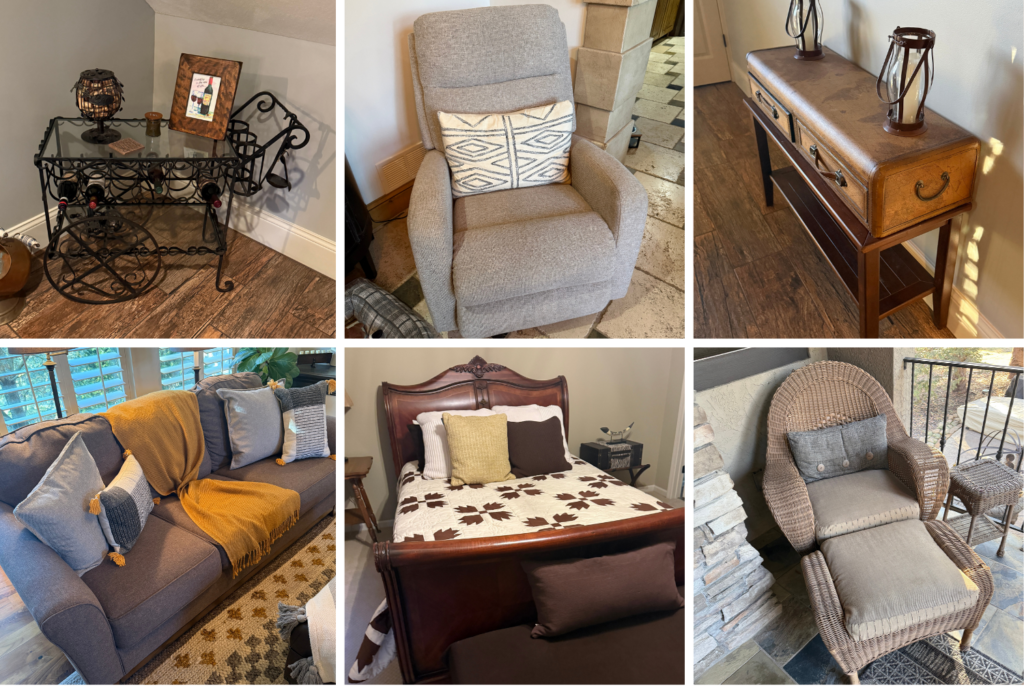 Luxury Leawood home featuring high-end furnishings, vintage furnishings, patio furniture, rustic decor.