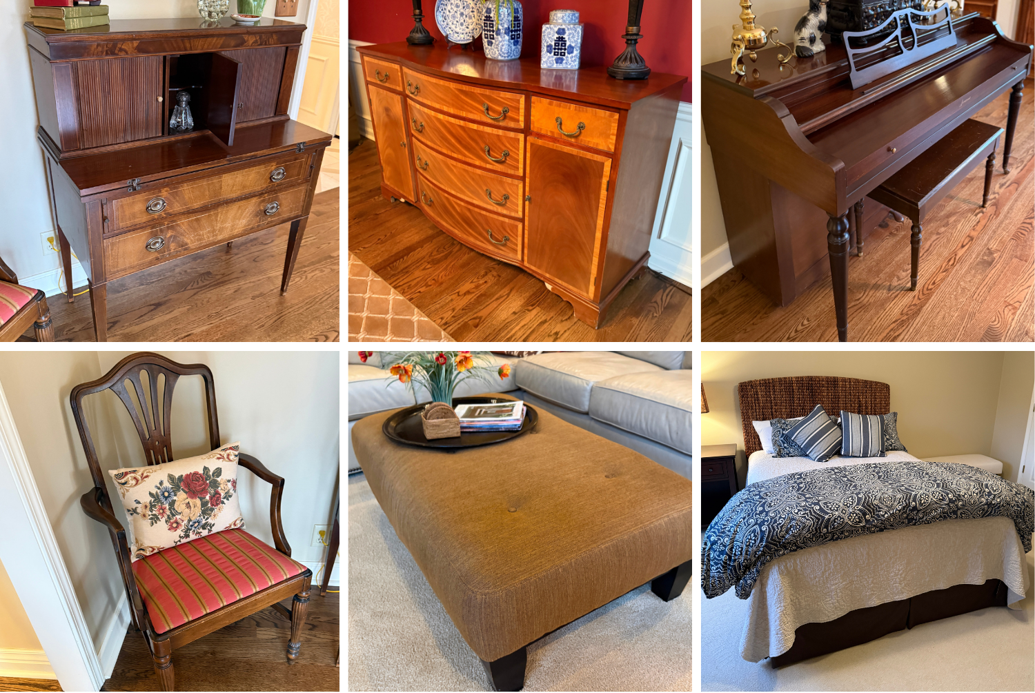 A well-rounded selection of household furnishings including a Pottery Barn bedroom set, a Henredon dining table paired with Hickory White dining chairs, and a rustic extension dining table accompanied by rush-seat chairs.