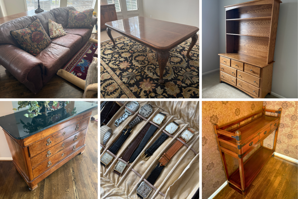 Highlights include a Henredon dining table, Century dining chairs, a Century down sofa, Samsung TVs, Lexington bedroom furniture, gold and silver jewelry, French antiques, Legos, Beanie Babies, barstools, tools, a propane fire pit, Christmas décor, a bicycle, vintage purses, vintage watches, old cameras, and additional décor throughout.