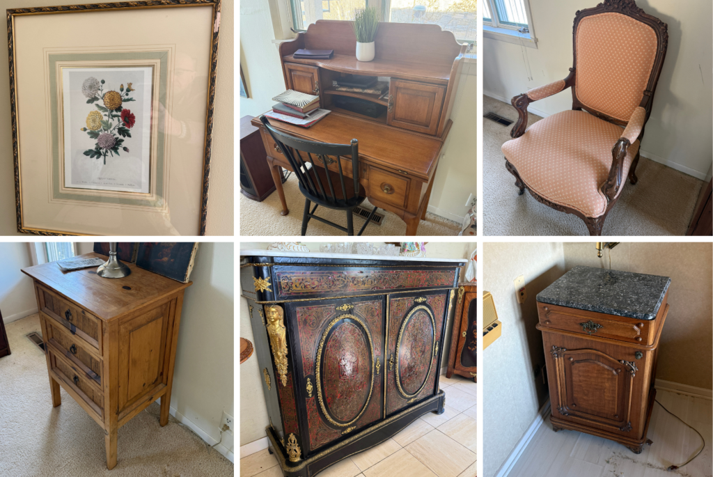 Highlights include a Chickering baby grand piano, Gerard Gebel oil paintings, Louis XVI style bergeres, Bayeux tapestry reproduction panels, Joseph Skelton battle engravings, a lacquered chinoiserie secretary desk, a French marble top secretary desk, walnut commodes with marble tops, a French petite commode, and a burled kidney table.