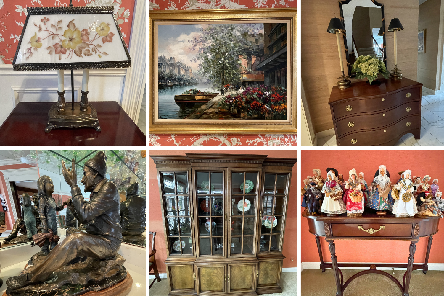 Online estate sale including a burl wood dining table, antique furniture such as lamps, tables, bedroom sets, secretary desk, and wall clocks, Evesham English dishes, a stone carved dining table and chairs, and signed limited numbered artwork.