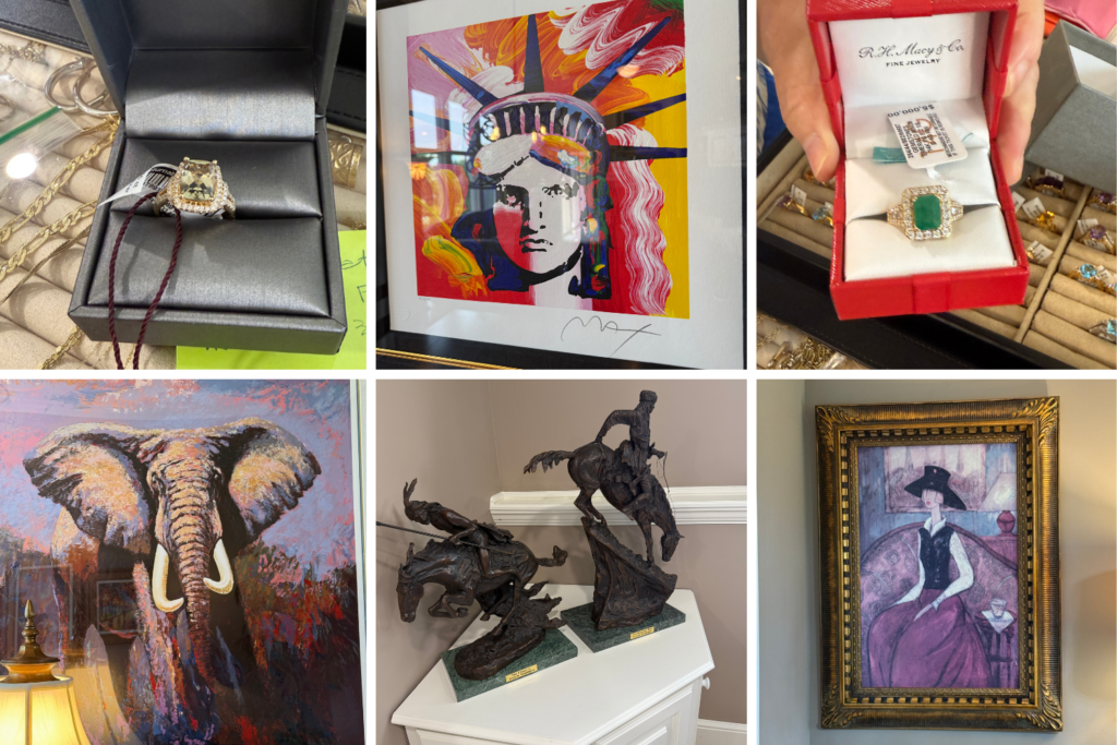 Highlights include a large collection of jewelry, leather sofa, Livestrong treadmill, bedroom sets, rugs, a solid wood kitchen table, a burled wood octagonal dining table with chairs, damask upholstered accent chairs, a large decorative sailboat model, and assorted high-end décor.