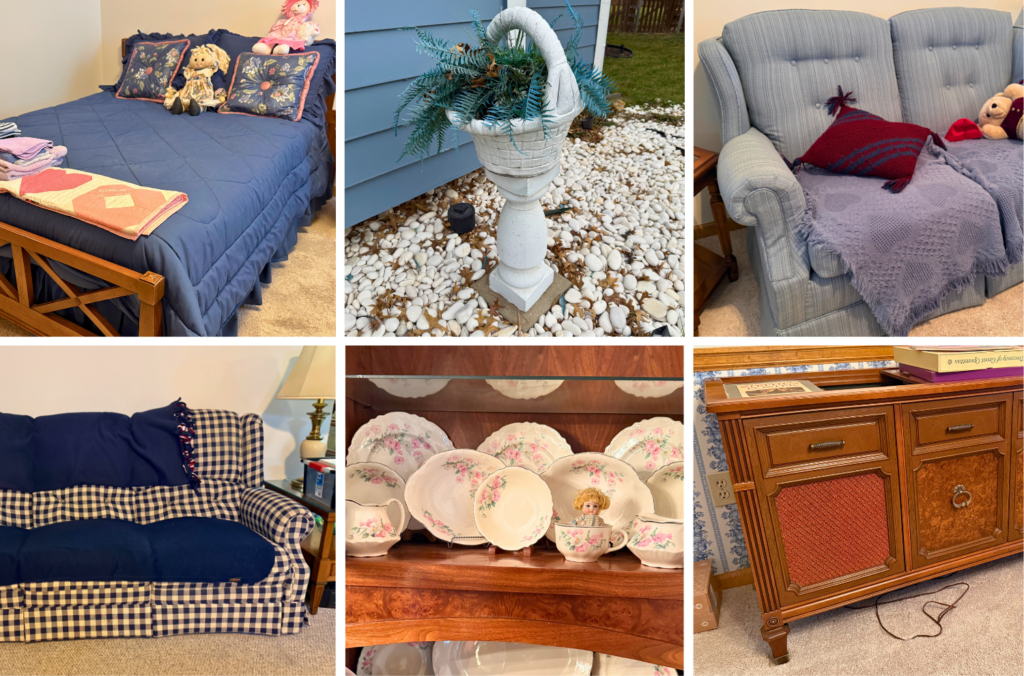 Highlights include a Victorian cast iron patio set and vintage Woodward patio set, an antique Singer sewing machine circa 1905, a vintage Wurlitzer upright piano, and a Yamaha Clavinova digital piano. Additional electronics include a Magnavox Astro-Sonic console stereo with Micromatic turntable and a collection of LPs.