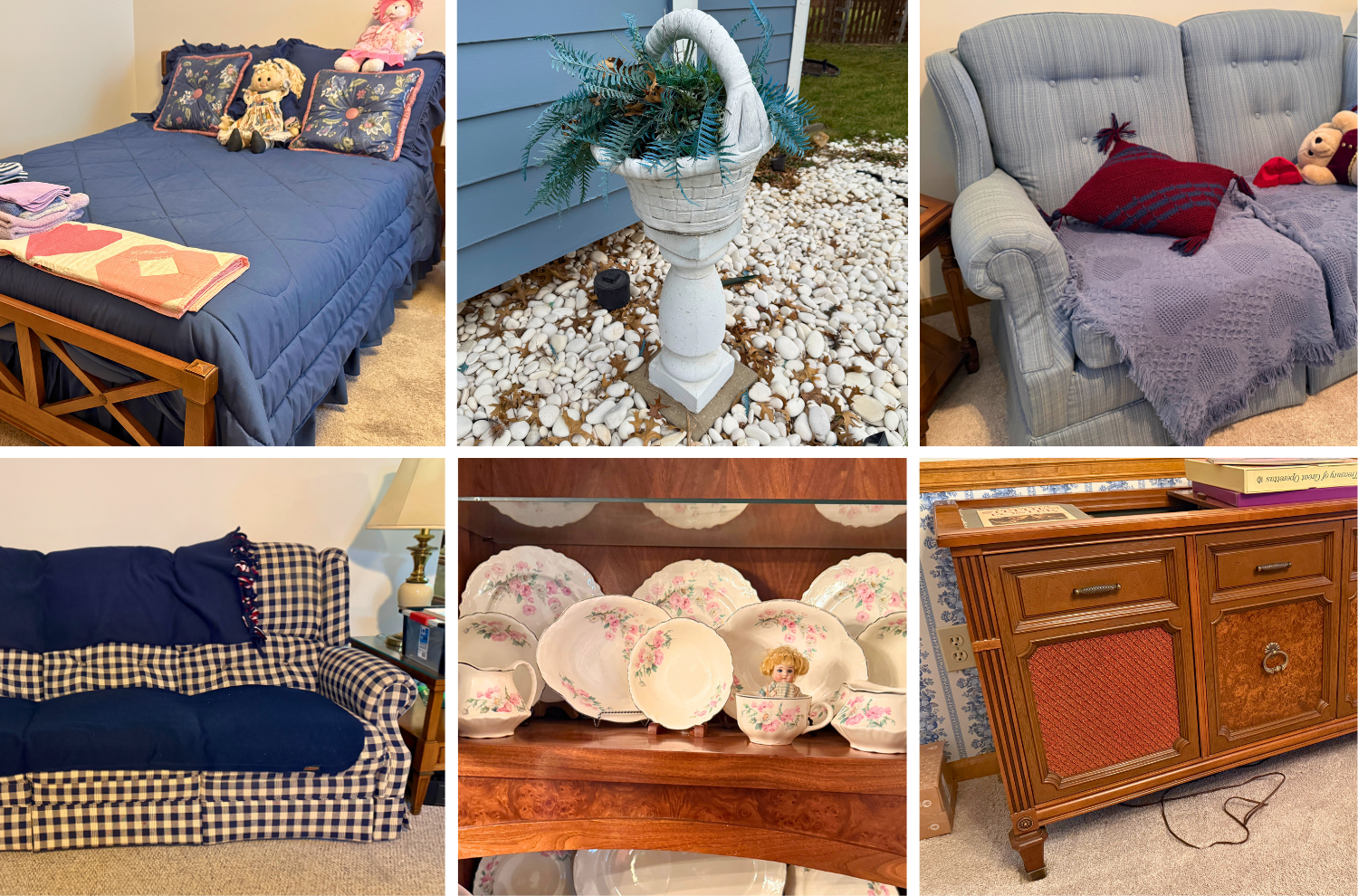 Highlights include a Victorian cast iron patio set and vintage Woodward patio set, an antique Singer sewing machine circa 1905, a vintage Wurlitzer upright piano, and a Yamaha Clavinova digital piano. Additional electronics include a Magnavox Astro-Sonic console stereo with Micromatic turntable and a collection of LPs.