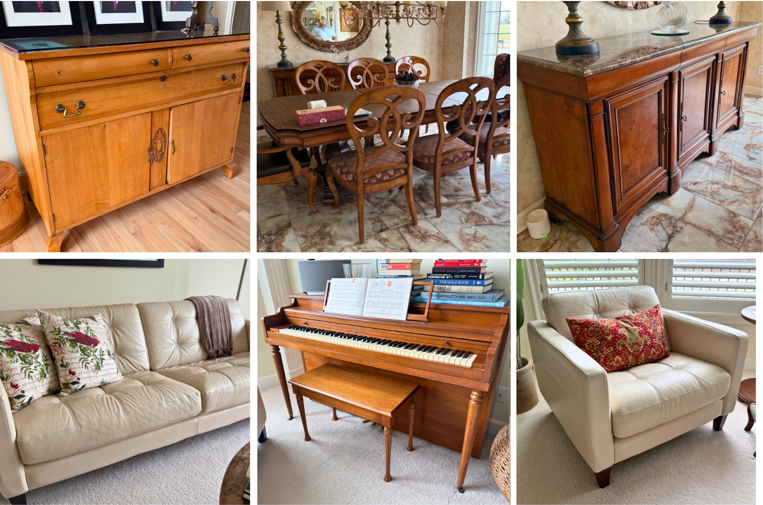 Highlights include Thomasville burlwood extension dining table, dining chairs, and marble top sideboard, Bernhardt bed, and dresser, Chateau d’Aux Italian leather sofa, loveseat, and armchairs, Natuzzi settee, Bradington-Young leather recliners, Eames-style chairs with ottomans, Golden West Billiards pool table, Fender guitars, John Deere X595 tractor, EZtrak zero-turn mower, and fitness equipment.