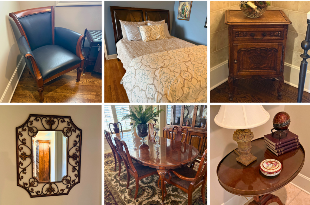 Highlights include furniture by Century, Bernhardt, Ethan Allen, and Drexel; a hammered copper round table from Seville Home; a contemporary outdoor seating set; original art by Mary Ann Johnson and Danny Braddix; full bedroom sets; a dining room set; upholstered and leather seating; area rugs; an outdoor dining set; bookshelves; clothing; a Lynn Dickey signed football; a Bose Wave stereo; and tools.