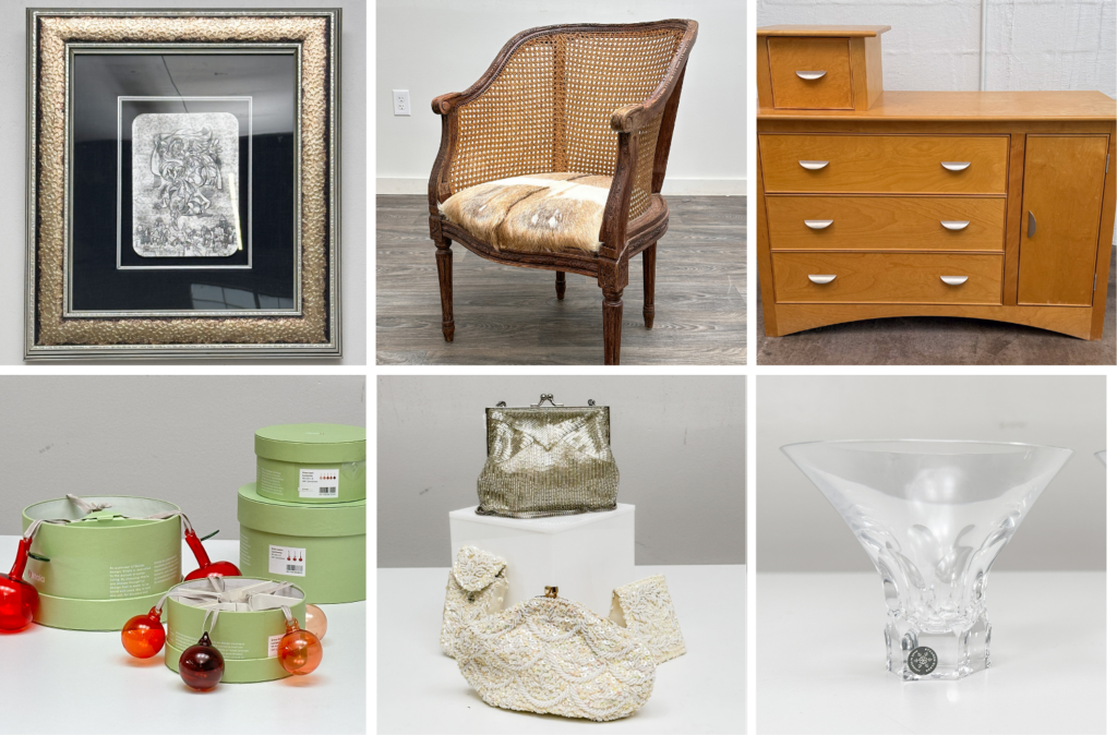 Highlights include Ethan Allen sofas, a Paul Robert sectional, Sonos speakers, a Philippe Starck lamp, Frontgate décor, hand-woven area rugs, Lenox china, Iittala tableware, a large lithograph of the US Constitution, cheetah print armchairs, L.L. Bean Adirondack chairs, and numerous pieces of art.