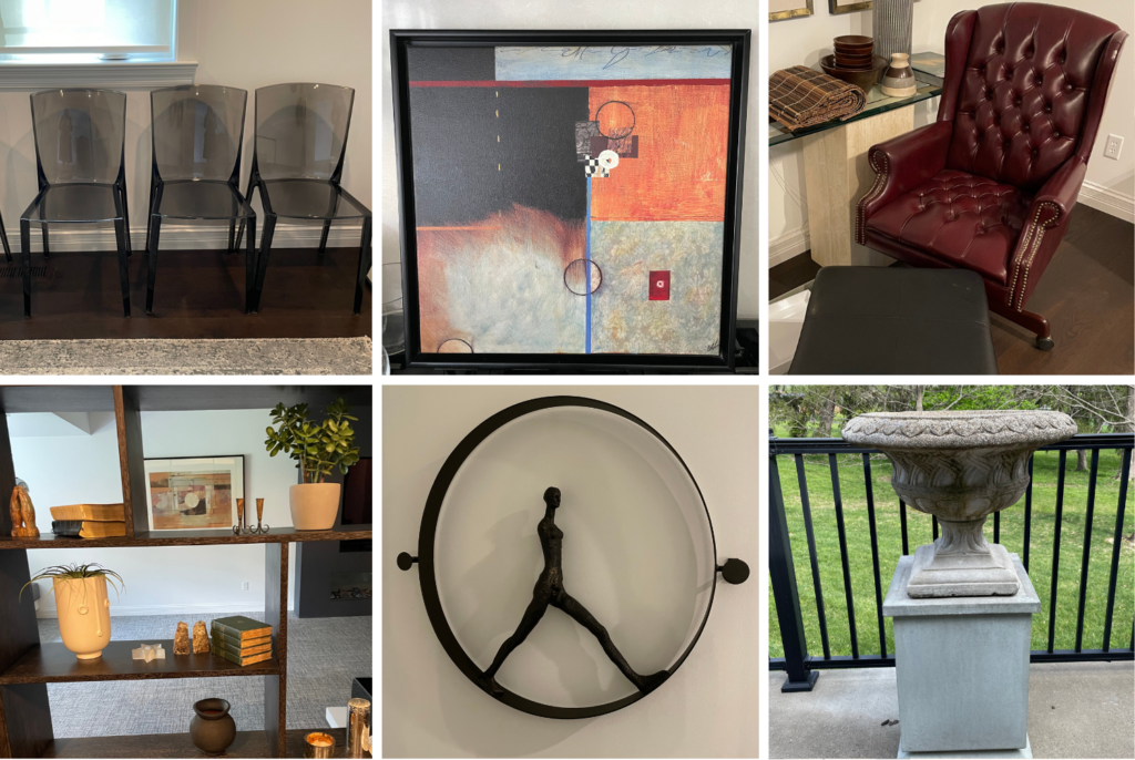 This Ladue estate sale features a mix of Mitchell & Gold Bob Williams sofa and club chair, Horchow mirror and acrylic console table, Champion Shuffleboard, a Samsung washer and dryer A freestanding Signature Hardware soaking tub new in box, high end decor, framed art, furniture, antique outdoor planters, tufted leather desk chair, area rugs, lamps, exercise equipment, toys.