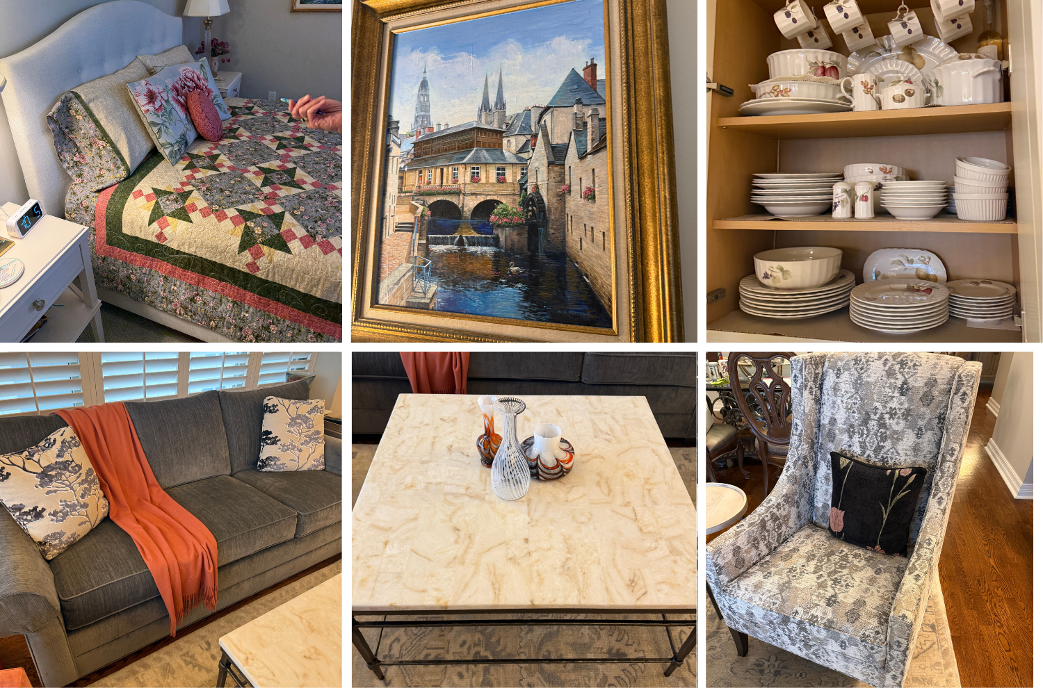 Nearly new Ethan Allen furniture anchors the collection, complemented by a glass-top dining table with ornate base, original artwork, and quality decorative pieces. Additional highlights include Susie Cooper English china, Mikasa and Waterford crystal, Lauffer flatware, a Towle sterling silver set, KitchenAid mixer, Petals floral arrangements, and a selection of fine jewelry.