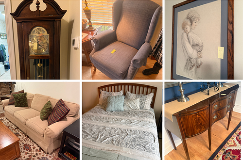 Contents include traditional furnishings, decorative accessories, holiday items, sports memorabilia, and utility pieces from throughout the home. Highlights include a Towle sterling flatware set, vintage gold and diamond jewelry, an extensive coin collection, a John Wooden signed basketball, Italian Murano glass art, Disney collectibles, Ethan Allen furniture, Noritake china, and a Seth Thomas grandfather clock.