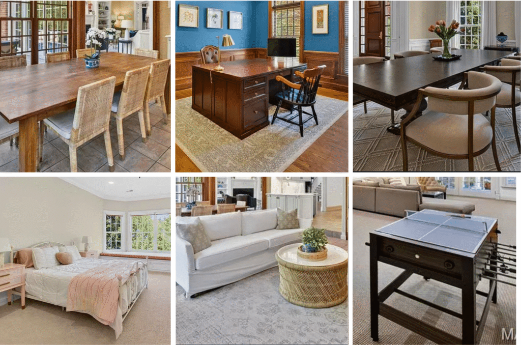 . Additional offerings include a vintage Steinway upright piano, outdoor patio furniture, gym equipment, crafting room supplies, garage equipment, a washing machine, and more.