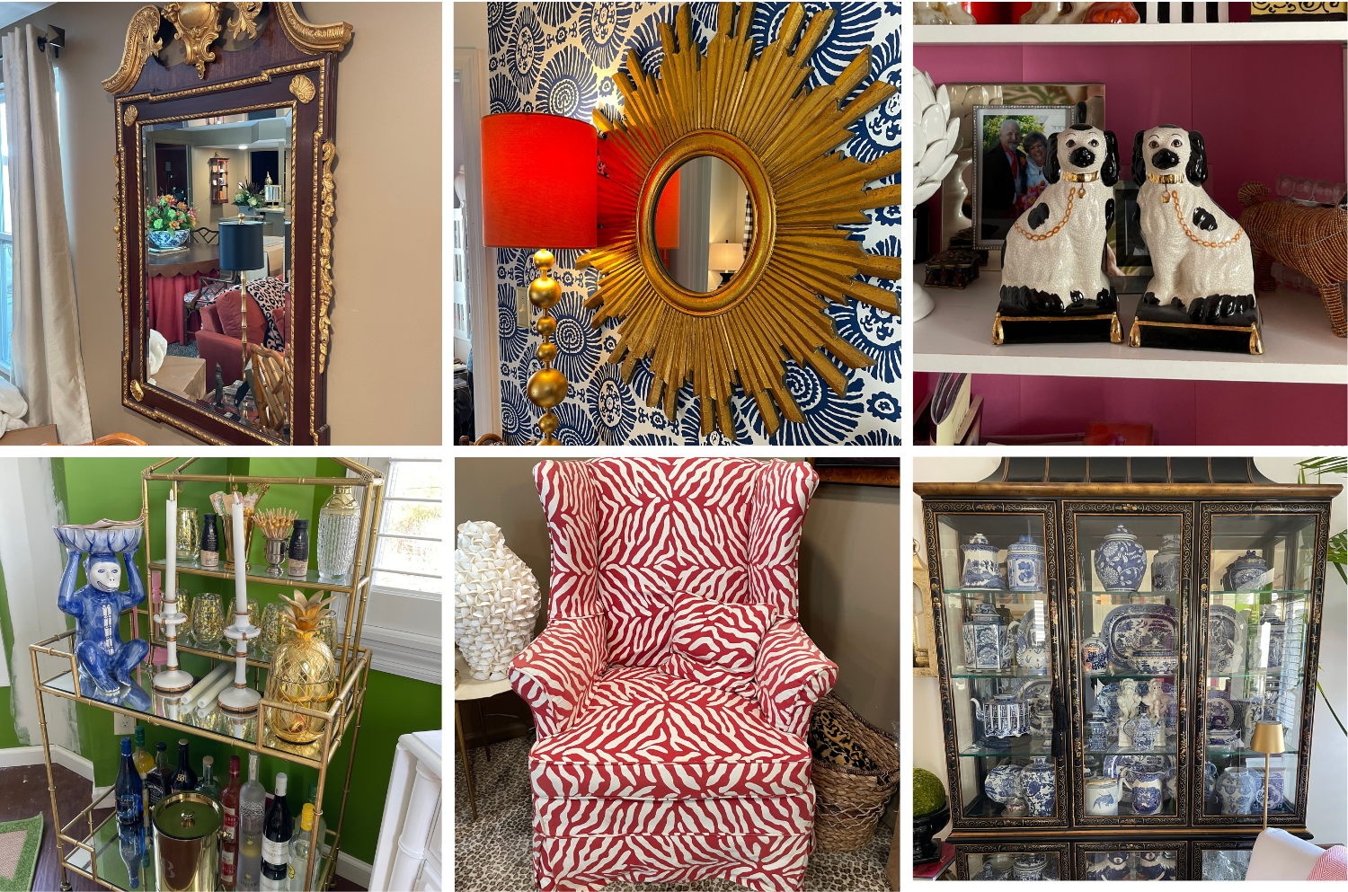 Highlights include a large collection of chinoiserie ginger jars and monkey figurines, Kate Spade dishes, Minton Cockatrice china, dining chairs from Palm Beach, artwork, lamps, Henry Link and Drexel furniture, Scully & Scully pieces, Brown Jordan and Grandin Road outdoor furniture, sofas, side chairs, side tables, antique and vintage furniture, mirrors, MacKenzie-Childs decor, garage tools, leaf blower, and power washer.