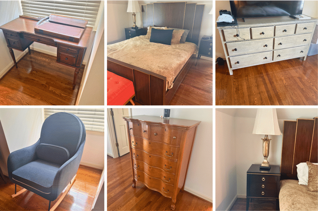 Highlights include a Room & Board sofa, leather club chairs, a leather ottoman, rugs, an orange midcentury bench, a current king bedroom set, a cruise cabinet, a vintage desk, lamps, a white ash dresser, barstools, a French display cabinet, mirrors, décor, and more.