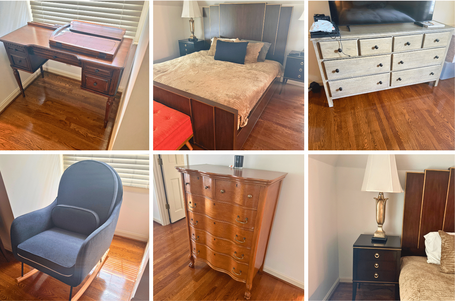 Highlights include a Room & Board sofa, leather club chairs, a leather ottoman, rugs, an orange midcentury bench, a current king bedroom set, a cruise cabinet, a vintage desk, lamps, a white ash dresser, barstools, a French display cabinet, mirrors, décor, and more.