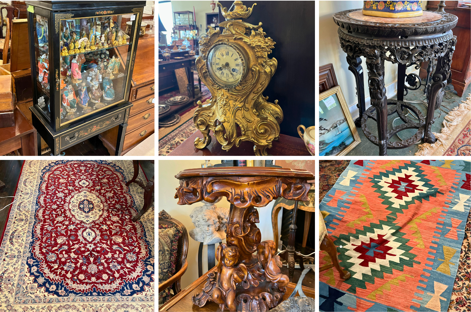 Highlights include an paintings, rugs, Chinese porcelain, Asian chinoiserie cabinet, Dutch marquetry bombe chest, Rococo Revival armchair, marble top dressers, bow-front cabinets, antique china cabinets, cupboards, buffets, settees, armoires, secretaries, chandeliers, brass and porcelain lamps, Lalique crystal, Comtoise clock, perfume bottles, glassware, sterling and silver plate, Asian pottery and panels, sculptures, candlesticks, apothecary scales, and watercolors.