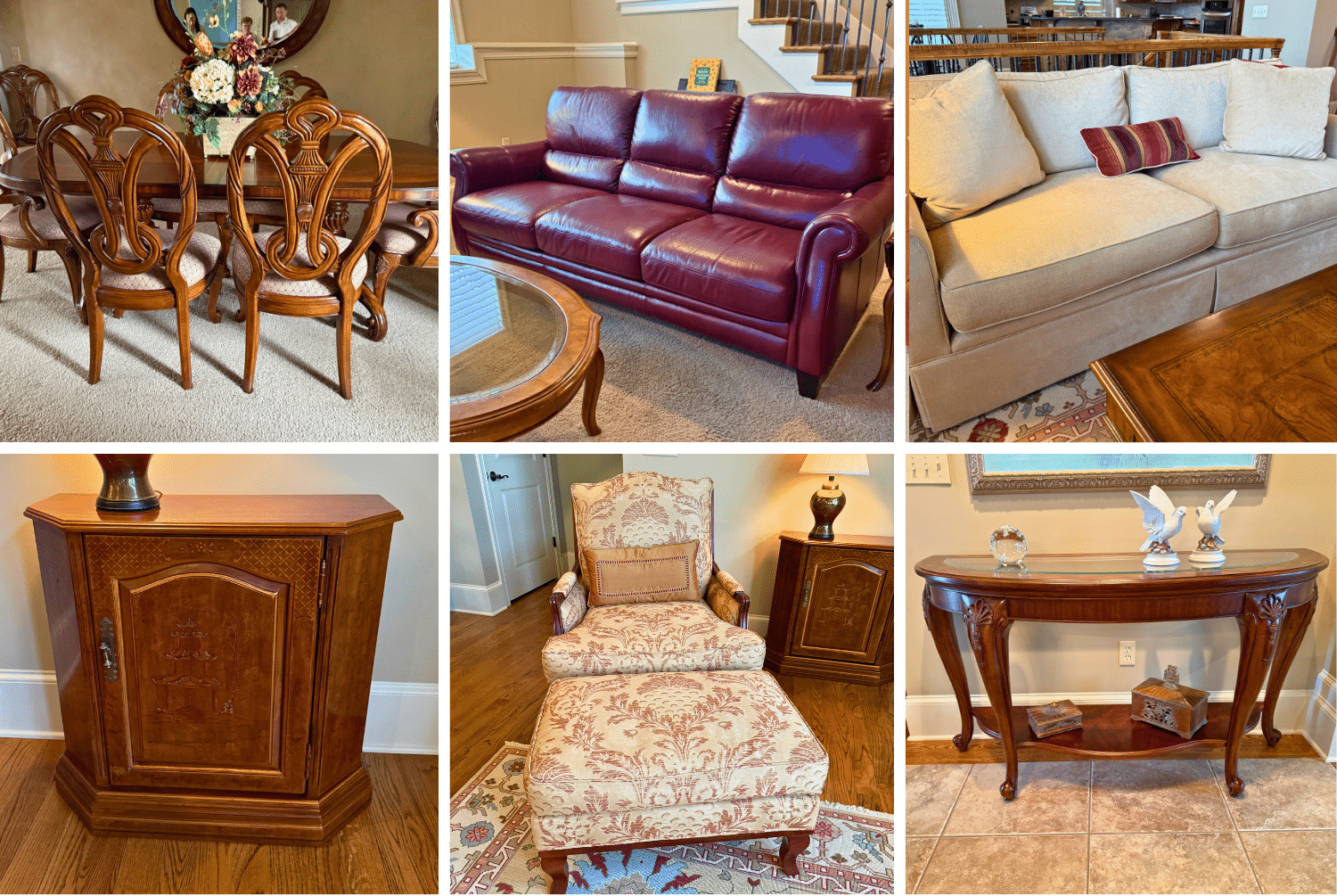 Highlights include Madden-McFarland Interiors furnishings, an American Drew dining table with eight chairs, Pearson upholstered sofas, Fairfield armchair with ottoman, Hooker Furniture executive desk, bookcases, and entertainment hutch, Ethan Allen dining and seating, vintage Ethan Allen armchairs, a burlwood inset pedestal table, Windsor dining chairs, decorative mirrors, hand-woven area rugs, red leather furniture.