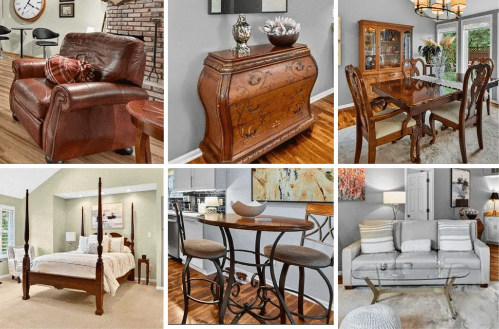 Highlights include upholstered seating with hobnail trim, a new leather sofa, leather sofas, a metal console, modern chair, mahogany dining room set with china cabinet, wall-mounted grandfather clock, bombe chest, gold gilt mirror, German armoire, antique radio cabinet, midcentury media center, midcentury desk, Cuisinart cookware and appliances, GE refrigerator, power tools, golf clubs, and nutcracker Christmas statues.