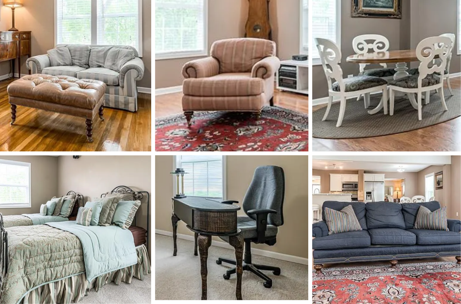 Furniture highlights include a Hickory Chair sideboard, a vintage Baker upholstered sofa, Ethan Allen side tables, Sherrill lounge chairs, and an NHM leather sofa with matching club chair. A vintage upholstered velvet button bed adds an additional period furnishing to the collection.