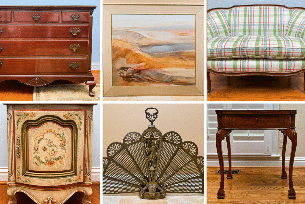 The highlights include antique chairs, a sofa, side tables, a Venetian mirror, an armoire, dressers, original artwork, rugs, ornate fireplace screens, sets of modern chairs with ottomans, French country hutch and sideboard table, tall wood island table and more.