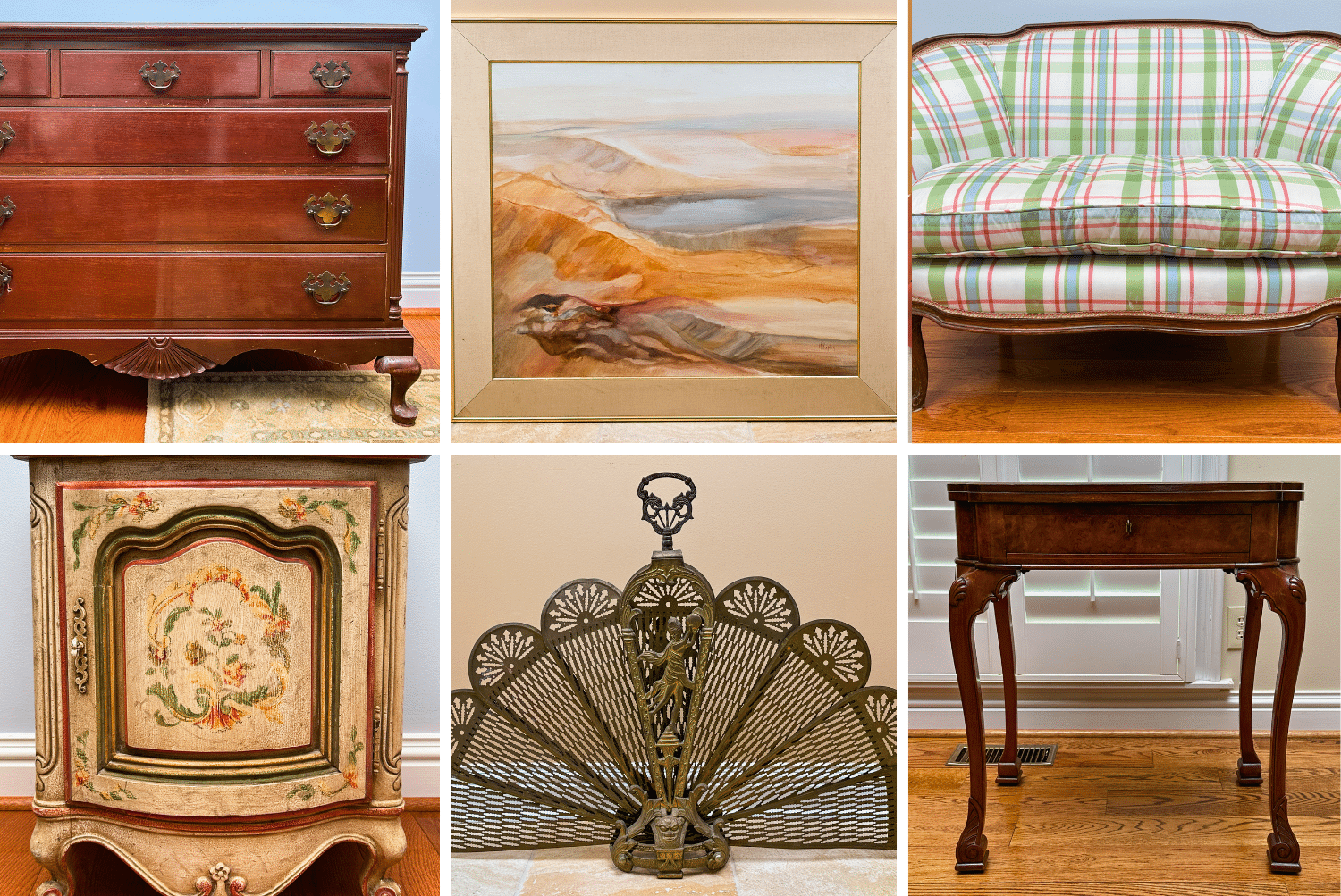 The highlights include antique chairs, a sofa, side tables, a Venetian mirror, an armoire, dressers, original artwork, rugs, ornate fireplace screens, sets of modern chairs with ottomans, French country hutch and sideboard table, tall wood island table and more.