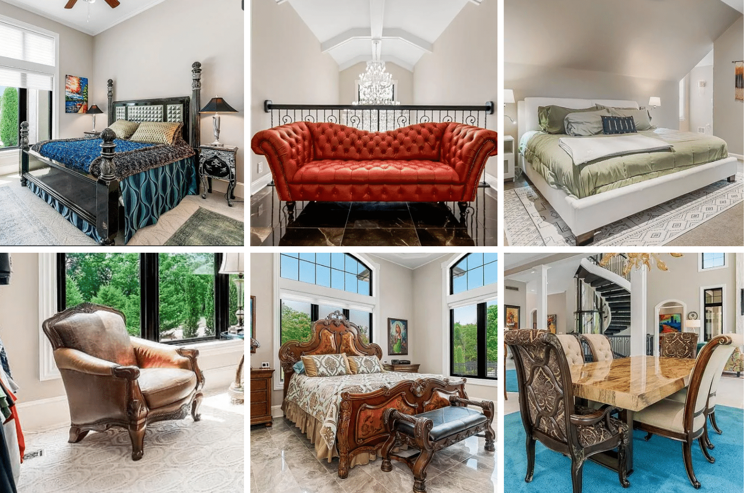 Highlights include Arhaus seating, Maitland Smith tables, Christopher Guy dining chairs, a Prada purse, Rolex watch, LG washer/dryer, leather curved sectional, original art by Cazassus, solid wood bedroom sets, lacquer dining table, bar cart, Stihl chainsaw, ornate mirrors, African decor, and exercise equipment.