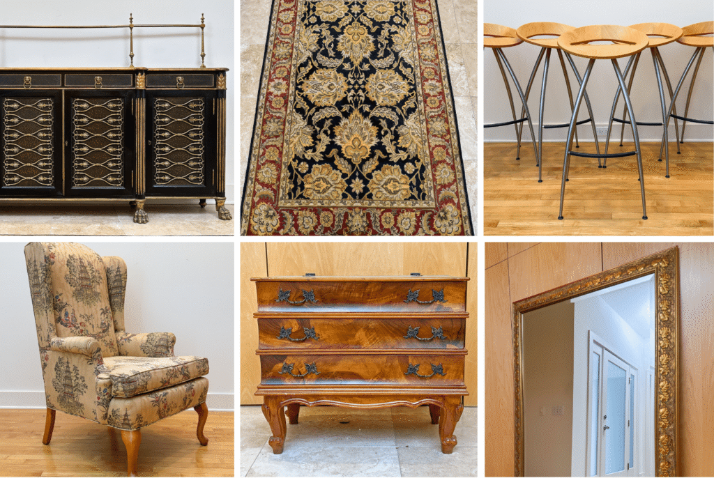 Highlights include a Theodore Alexander Regency sideboard, Design Group Italia for Magis "Lyra" table with four barstools, Baker French Provincial commode, Henredon "Alexander" armchair with ottoman, large ornate gold leaf mirror, hand-knotted rugs, walnut grandfather clock, vintage Italian brass coat rack, La-Z-Boy rocking recliner, leather reclining loveseat, Kenmore refrigerator, Amana deep freezer, and Whirlpool washer and dryer. I
