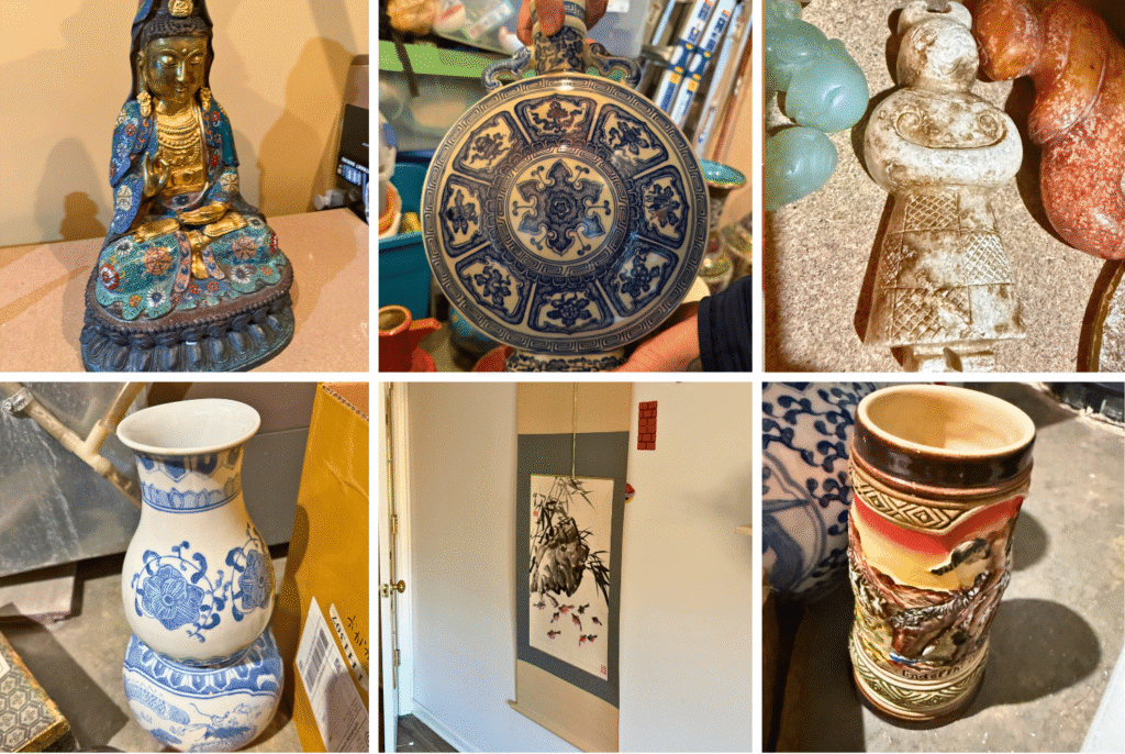 The sale includes antique Chinese pieces alongside a range of other collectible categories. Highlights include Chinese vases, ornaments, statuary, jade sculptures, Asian tapestries, graded and slabbed coins, Bitcoin mining equipment, and assorted collectibles. The collection is centered on Chinese and Asian decorative pieces, with additional groupings of numismatic items and equipment related to cryptocurrency mining.