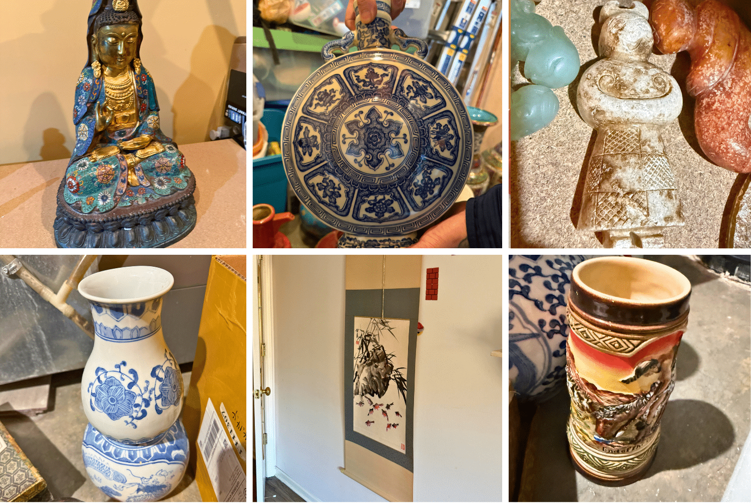 The sale includes antique Chinese pieces alongside a range of other collectible categories. Highlights include Chinese vases, ornaments, statuary, jade sculptures, Asian tapestries, graded and slabbed coins, Bitcoin mining equipment, and assorted collectibles. The collection is centered on Chinese and Asian decorative pieces, with additional groupings of numismatic items and equipment related to cryptocurrency mining.