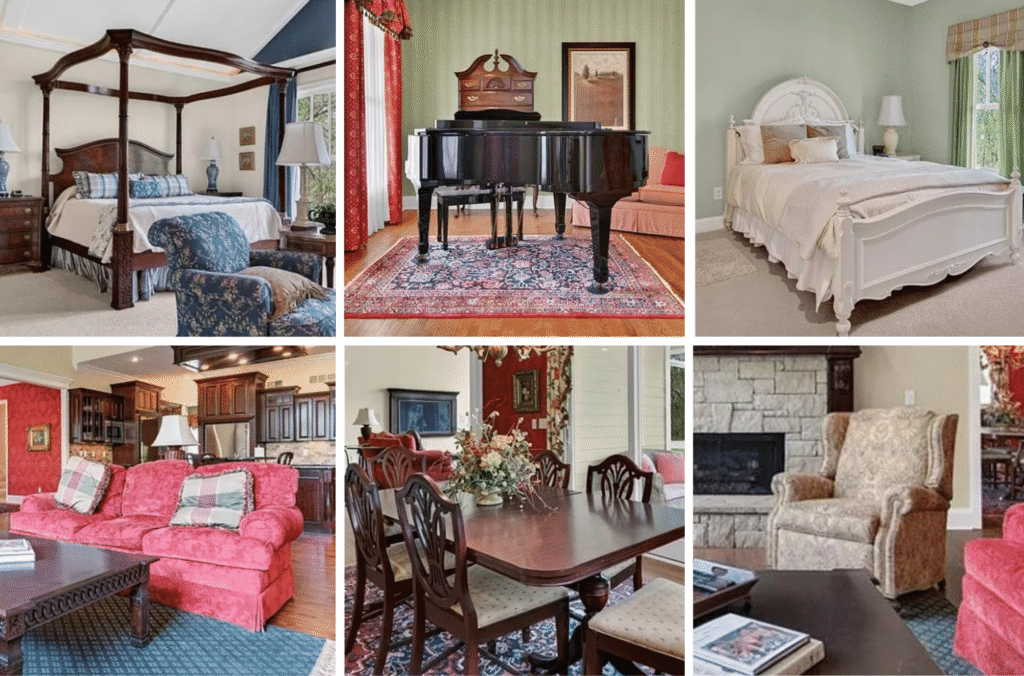 Highlights include a Young Chang G-157 baby grand piano, a set of Hepplewhite dining chairs, hand-knotted Persian wool area rugs, a signed E. Collins oil painting depicting a red poppy field, Thomasville and Jessica McClintock bedroom suites, Taylor King armchairs, Lenox china, vintage Windsor chairs with matching table, a Halex foosball table, PaceMaster Pro treadmill, and DeWalt and Craftsman woodworking tools
