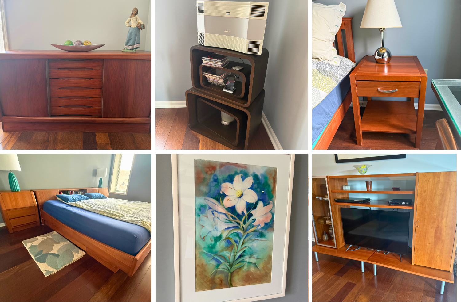 Highlights include glass-top tables, a frosted glass display cabinet, contemporary watercolor and abstract art, decorative glass vases, Maytag washer and dryer, Cuisinart, Breville, Crate & Barrel, CorningWare, vintage and digital cameras, leather bags, and men's & women's clothing and accessories.