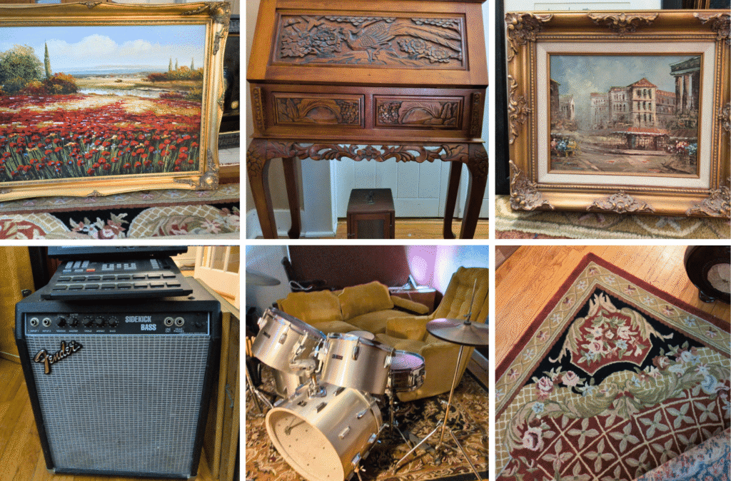 The collection includes pieces for living, dining, office, and storage areas, along with a variety of vintage and antique furnishings.