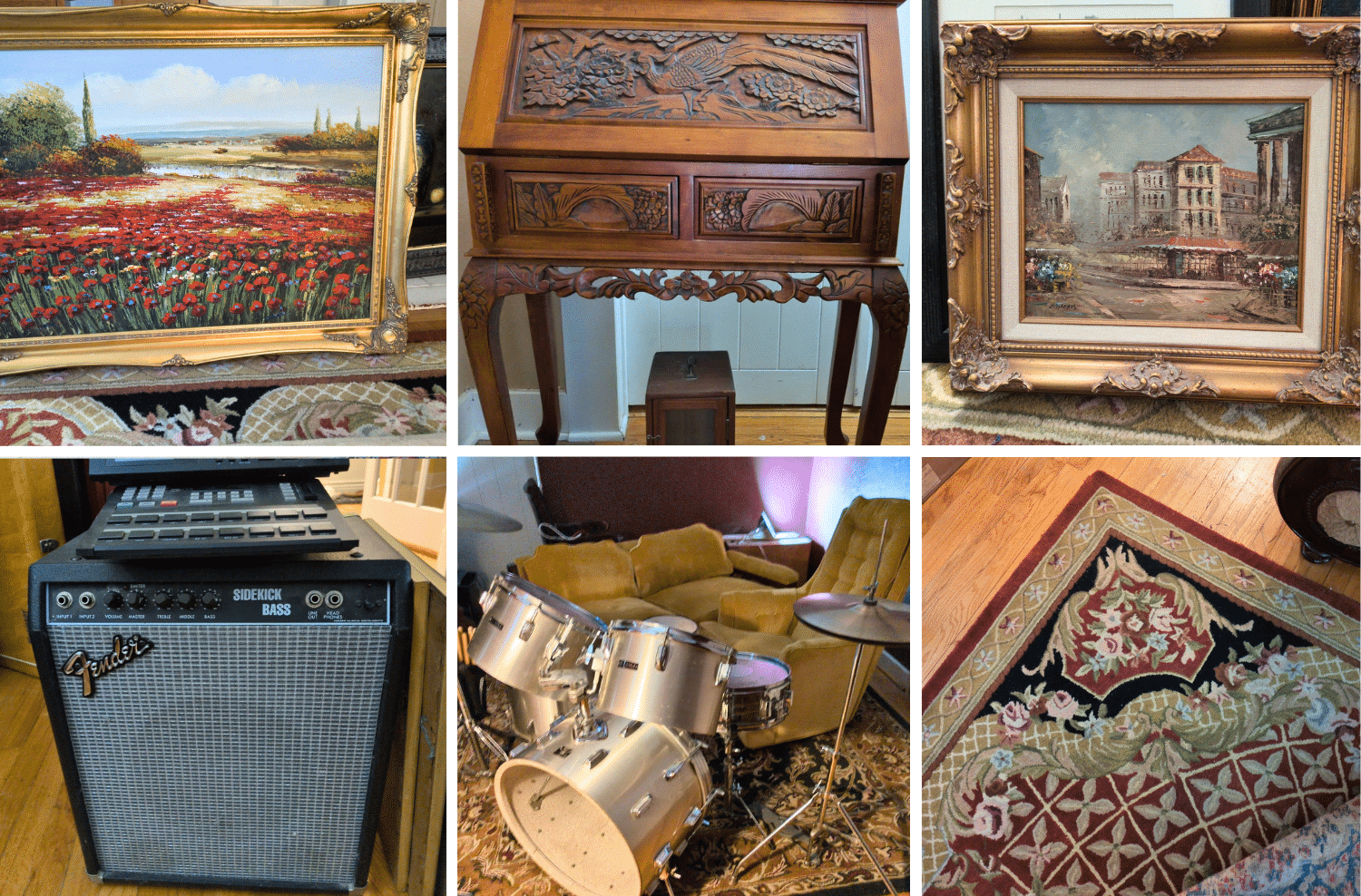 The collection includes pieces for living, dining, office, and storage areas, along with a variety of vintage and antique furnishings.