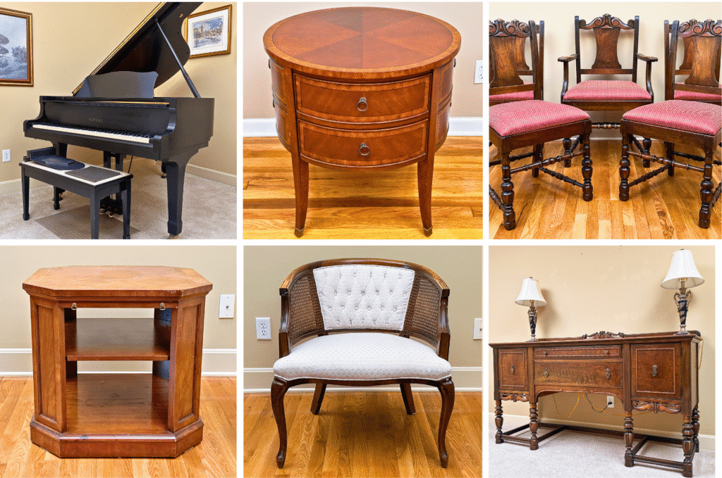 The collection includes a Yamaha baby grand piano, McIntosh stereo equipment, a reel-to-reel tape recorder, Highland House seating, dining furniture, patio furnishings, and household goods. Highlights include a Yamaha baby grand piano with bench, McIntosh stereo tuner preamplifier, reel-to-reel tape recorder, vintage stereo cabinet, Crestron home automation equipment, Highland House upholstered seating, Lambert's Furniture buffet, leather reclining loveseat, and a curio cabinet.