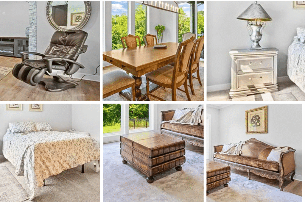 Highlights include a leather massage chair, new Thermador built-in double oven, Kenmore stainless refrigerator, lawnmower, patio seating set, ProForm elliptical, inversion table, ping pong table, upholstered bed frame, credenza with built-in fireplace, contemporary bar stools, rugs, books, lamps, artwork, and office furniture.