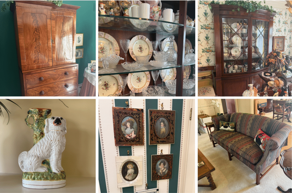 Highlights include Spode china, Wallace sterling flatware, Staffordshire statuary, a bronze bust, Waterford crystal, German china, LS&S Limoges china, Lladro, Hummels, a Kholui style Russian lacquer box, art glass, Majolica ceramics, a gilt mantle clock, and original art after Modigliani.