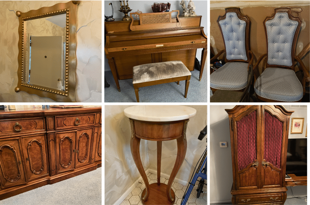 Highlights include coins, fur coats, a Baldwin upright piano, antique bedframes, bedroom furniture sets, desks, mirrors, side tables, a pewter chess set, grandfather clock, vintage camera and film equipment, and an antique Bell System telephone switchboard by Western Electric. Additional offerings include a washer and dryer, refrigerator, upright freezer, dinette set, leather chair, upholstered loveseat, and decor.