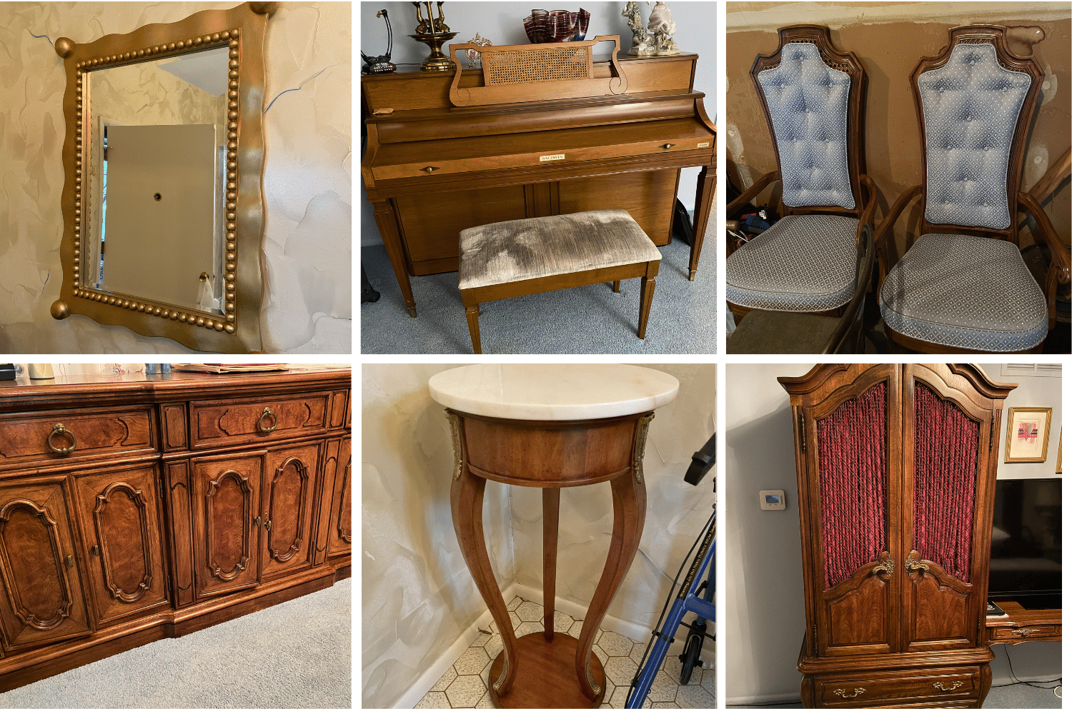 Highlights include coins, fur coats, a Baldwin upright piano, antique bedframes, bedroom furniture sets, desks, mirrors, side tables, a pewter chess set, grandfather clock, vintage camera and film equipment, and an antique Bell System telephone switchboard by Western Electric. Additional offerings include a washer and dryer, refrigerator, upright freezer, dinette set, leather chair, upholstered loveseat, and decor.