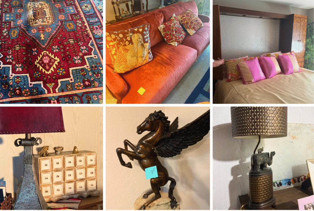 Highlights include Satsuma pieces, cloisonné chargers, bronze temple lanterns, a Yixing Buddha’s hand teapot, Japanese vases, sculpture, rugs, and an art glass shade chandelier.