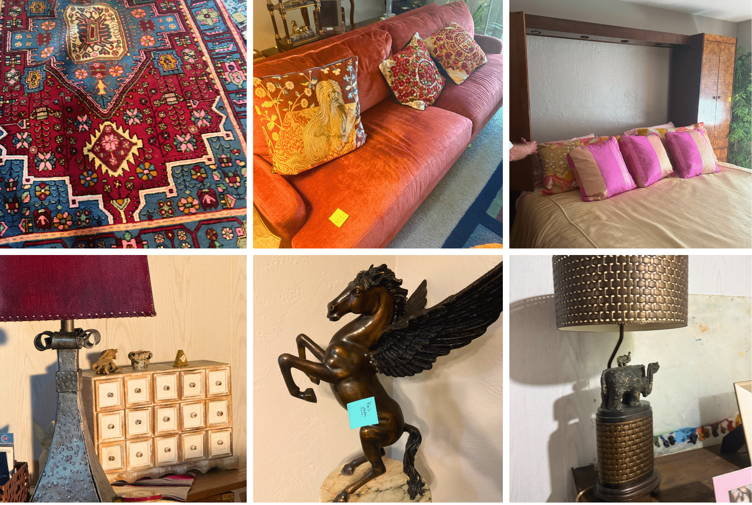 Highlights include Satsuma pieces, cloisonné chargers, bronze temple lanterns, a Yixing Buddha’s hand teapot, Japanese vases, sculpture, rugs, and an art glass shade chandelier.
