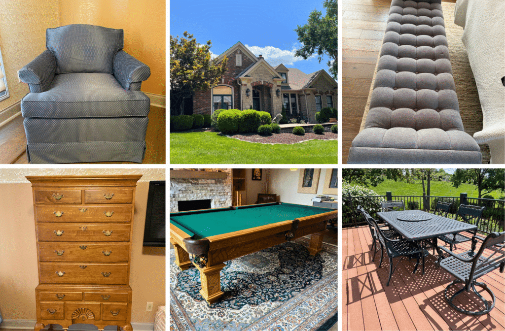 The sale includes pieces for the living room, dining room, patio, garage, and recreation spaces. Highlights include a Samick baby grand piano, Frontgate patio furniture, Drexel Heritage furniture, a wood carved pool table, dining table set, cocktail tables, end tables, lamps, home décor, artwork, an antique mahogany table, handmade quilts, Lladro pieces, Tumi luggage, exercise equipment, pool accessories, garage items, and an Ego self-propelled mower.
