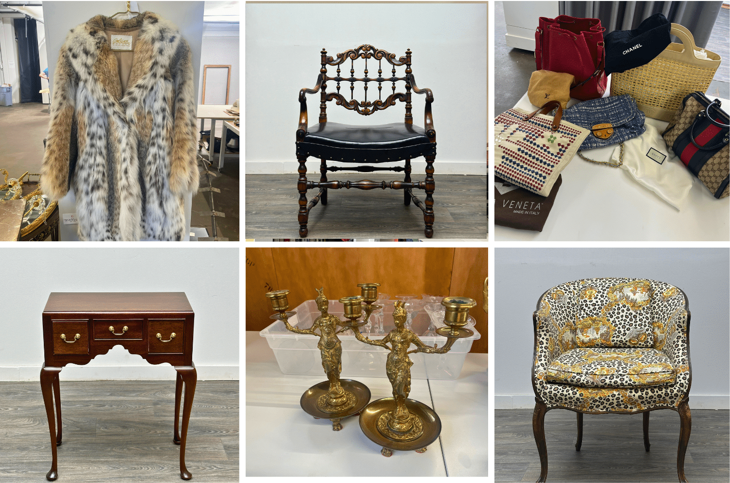 Highlights include a carved vanity, dresser and chest, upholstered seating, horse-themed prints, Vanity Fair prints, framed artwork, collectible trinket boxes, books, clothing, shoes, handbags, a fur-trimmed garment, decorative storage pieces, occasional tables, a walker, wheelchair, and home décor.