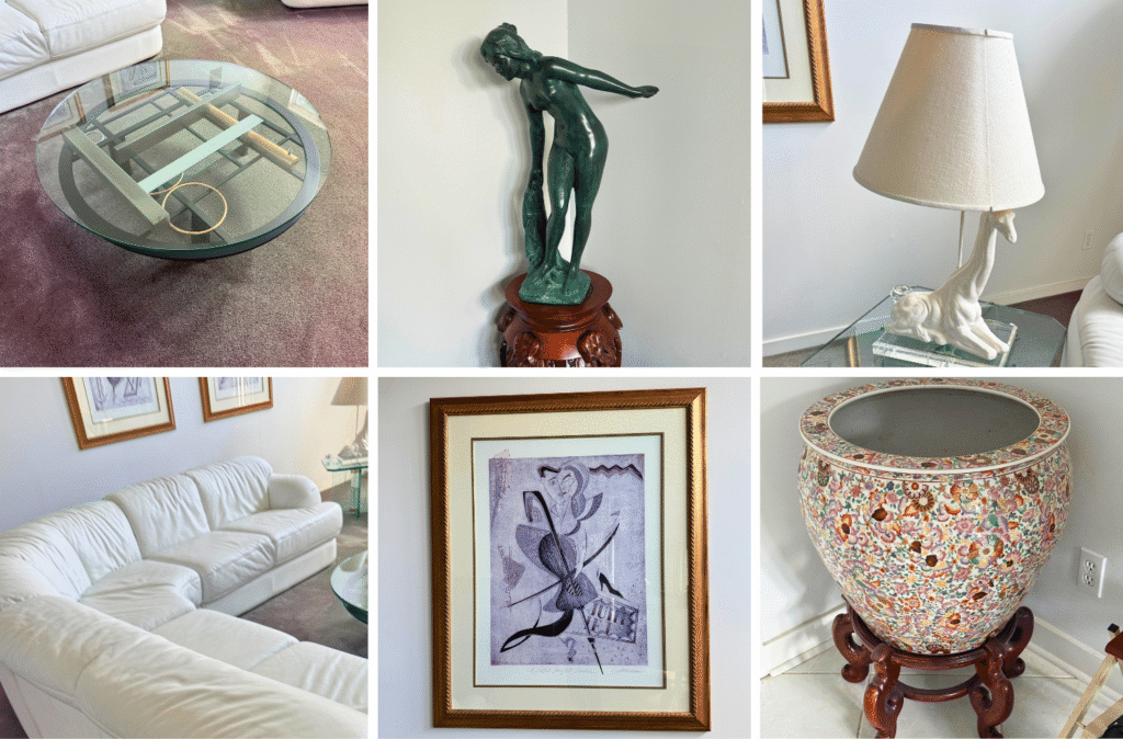 This $1.3M, 3,906 sq. ft. Hallbrook home features contemporary and vintage furnishings, original and decorative artwork, glass and metal accent furniture, colorful dinnerware, crystal, barware, vinyl records, home décor and a wide variety of household contents.