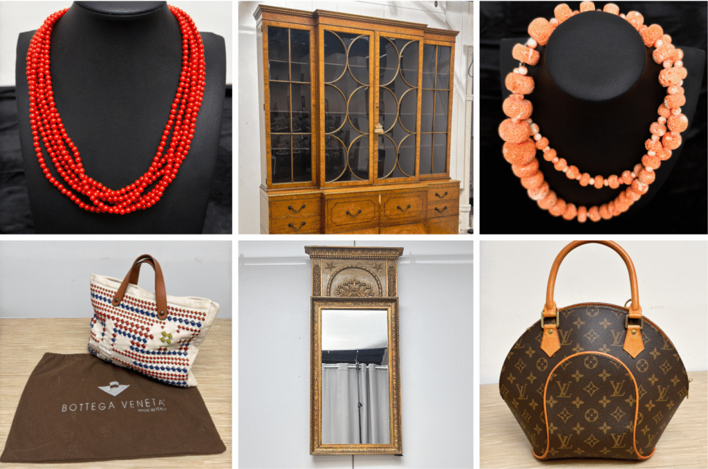 Highlights include 10k and 14k gold jewelry, sterling silver jewelry, designer pearls, Louis Vuitton and Bottega Veneta handbags, Ralph Lauren and Yves Saint Laurent clothing, fur coats, Gucci and Salvatore Ferragamo scarves, Baker Furniture, signed art prints, and a marble top console table.